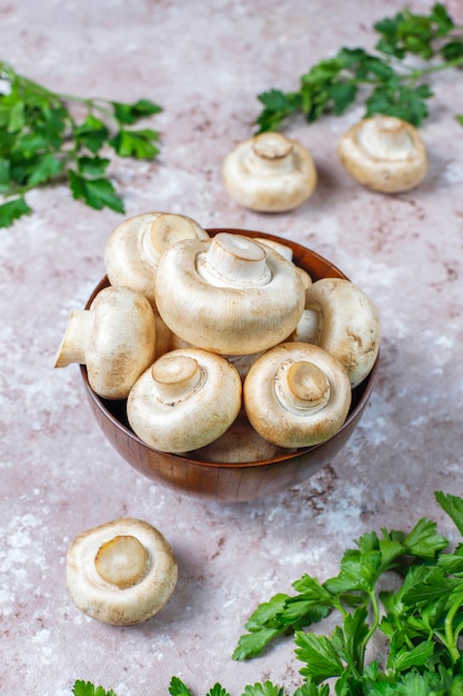 Champignon der frischen organischen weißen Pilze, Draufsicht