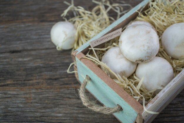 Champignon orgânico fresco cogumelos no fundo de madeira