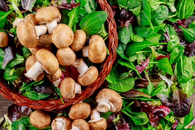 Champignonpilze, auf einem frischen Salat verlässt Hintergrund