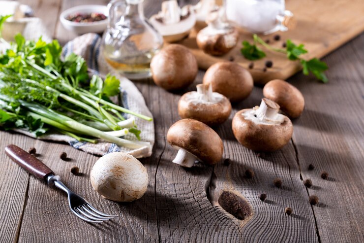 Foto champignons, dill, petersilie, frühlingszwiebeln auf einem holztisch. produkte zur zubereitung von pilzgerichten