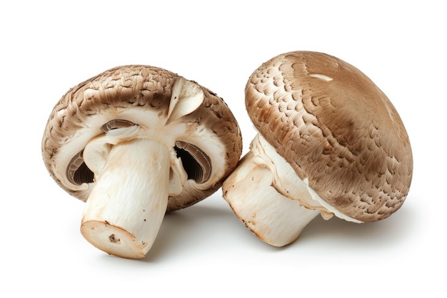 Champignons frescos, um inteiro e outro cortado ao meio, isolados em um fundo branco