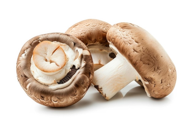 Champignons frescos, um inteiro e outro cortado ao meio, isolados em um fundo branco