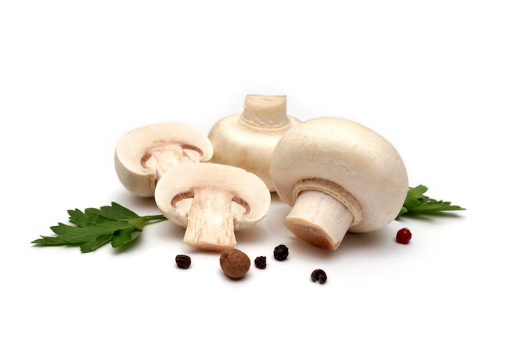 Foto champignons mit kräutern auf weißem hintergrund food-konzept