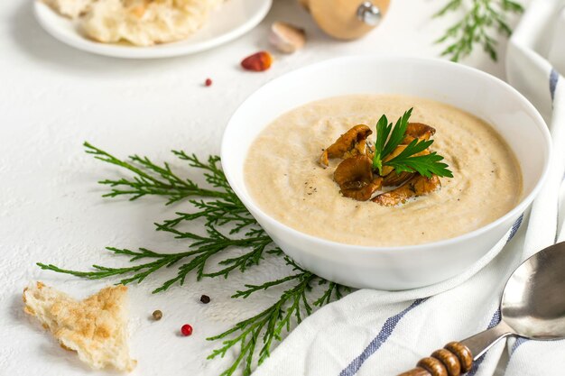 Champignons Pfifferlingscremesuppe auf weißem Hintergrund