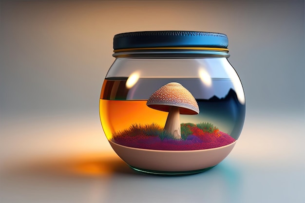 Champiñón en una ilustración 3d de tarro de cristal