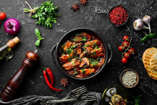 Champiñones al horno con filete de pollo en salsa de tomate En un plato de piedra negra Vista superior