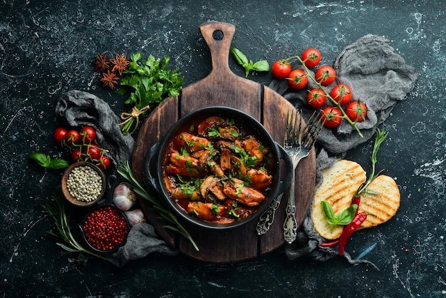 Champiñones al horno con filete de pollo en salsa de tomate En un plato de piedra negra Vista superior