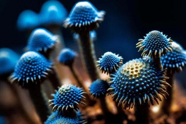 Champiñones azules con la tapa azul en ellos