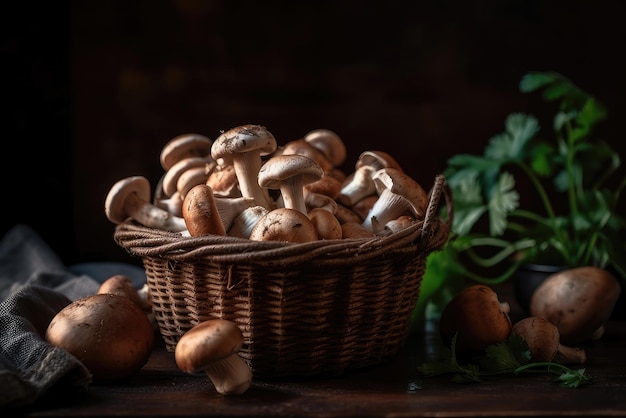 Champiñones en una cesta sobre una mesa