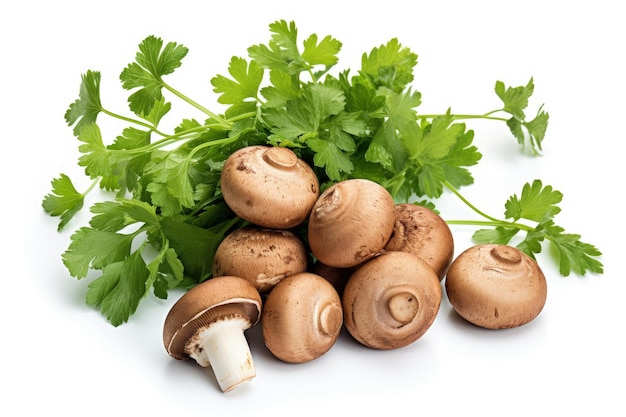 Champiñones y cilantro sobre fondo blanco en marrón.