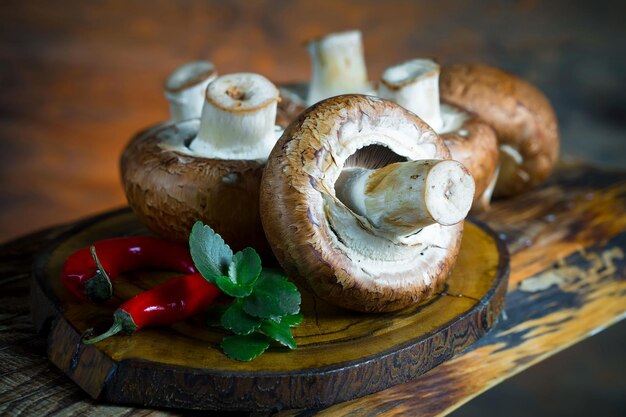 Foto champiñones en composición con ingredientes alimenticios en un fondo viejo