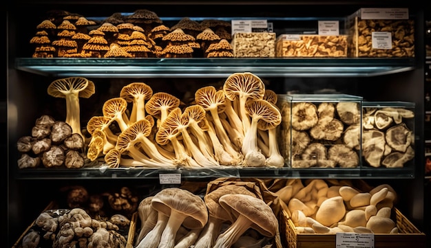 Champiñones en exhibición en una tienda en un supermercado