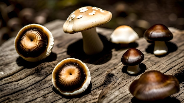 Champiñones en una mesa con un fondo oscuro