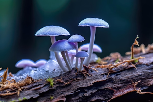 Champiñones morados en un trozo de madera con la palabra champiñón en la parte inferior.