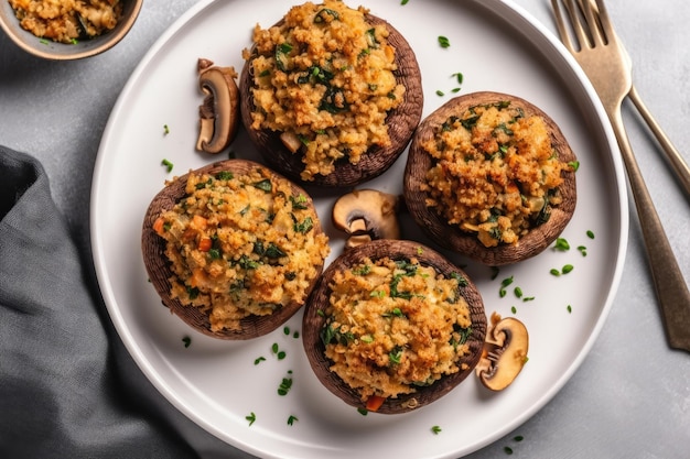 Champiñones Portobello Rellenos De Quinoa En Plato Blanco AI Generativa