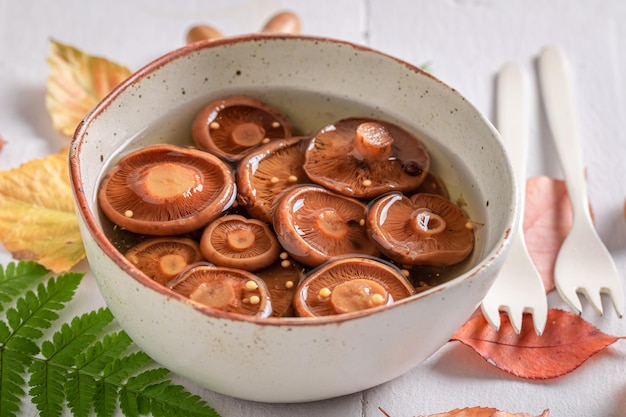 Champiñones en taza de leche de azafrán saludable marinados en vinagre con charlock