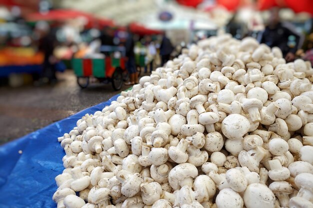 Champiñones vegetales orgánicos y frescos saludables en el supermercado