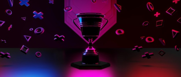 Champion-Cup-Award-Turnier-Videospiel von Scifi-Gaming rot blau vs. Esports-Hintergrund vr-Virtual-Reality-Simulation und Metaverse-Szene stehen Sockelbühne 3D-Illustrations-Rendering