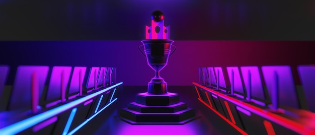 Champion-Cup-Award-Turnier-Videospiel von Scifi-Gaming rot blau vs. Esports-Hintergrund vr-Virtual-Reality-Simulation und Metaverse-Szene stehen Sockelbühne 3D-Illustrations-Rendering