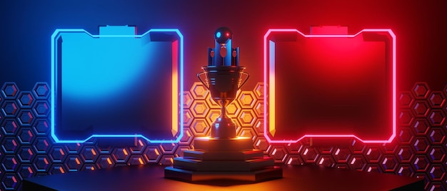 Champion cup prêmio torneio videogame de jogos scifi vermelho azul vs esports backgound vr simulação de realidade virtual e cena do metaverso suporte palco pedestal renderização de ilustração 3d