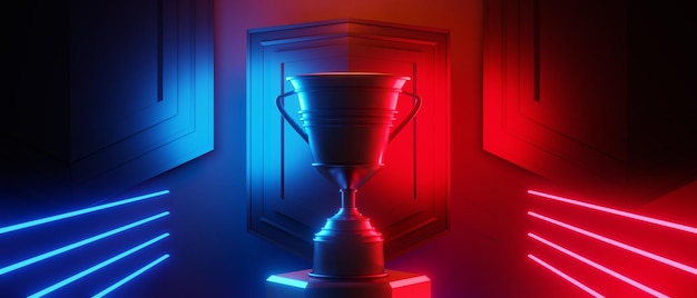 Champion cup prêmio torneio videogame de jogos scifi vermelho azul vs esports backgound vr simulação de realidade virtual e cena do metaverso suporte palco pedestal renderização de ilustração 3d