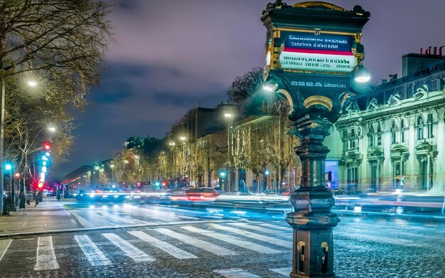 Champs Elysees boulevard sinal de vista durante a noite com semáforos