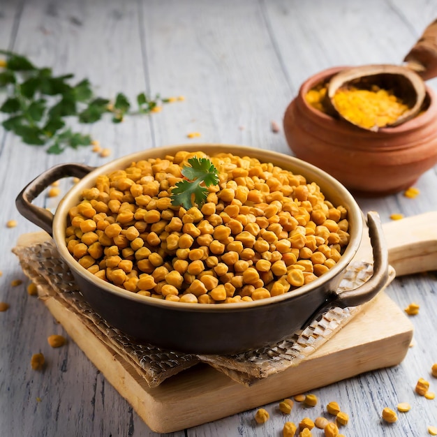 Foto chana dal frito cocido o split bengal gram tadka servido en un tazón o sartén enfoque selectivo fondo blanco