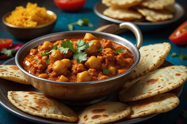 Foto chana masala com papadums crocantes