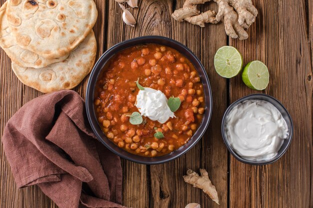 Chana Masala Curry de grão-de-bico picante servido com chapatis