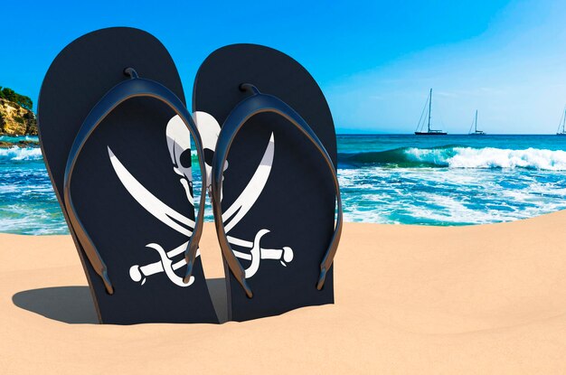 Chanclas con bandera de piratería en la representación 3D de la playa