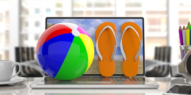 Chanclas y pelota de playa en una computadora portátil desenfoque de fondo de oficina ilustración 3d