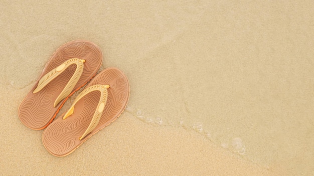 Chanclas de playa planas en el fondo de arena amarilla y olas marinas