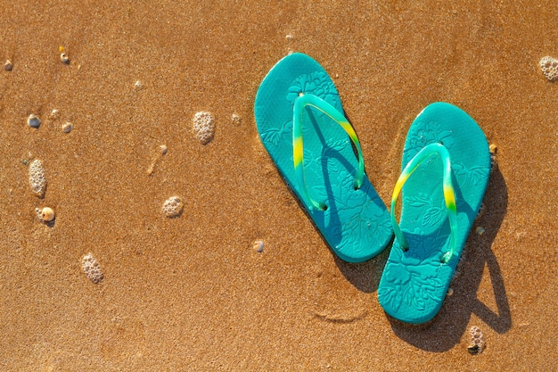 Las chancletas de las mujeres se paran en la playa en la arena, concepto de las vacaciones