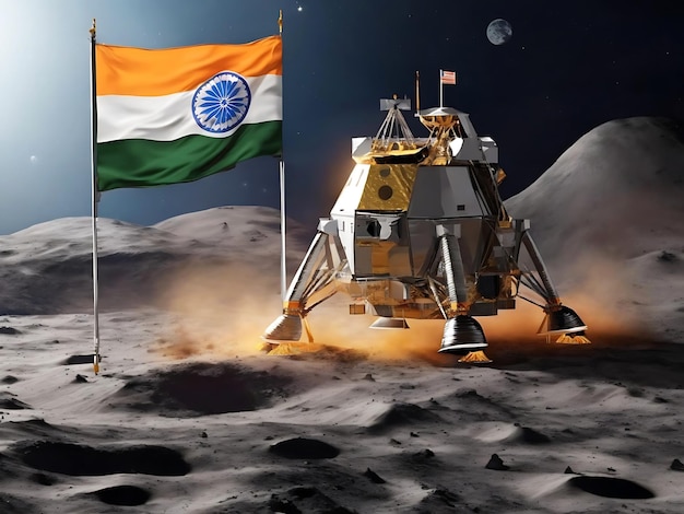 Chandrayaan 3 aterriza suavemente en la luna con la bandera india generada por Ai