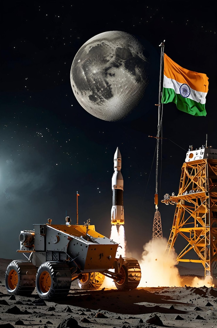 Chandrayaan aterrizaje suave en la luna con bandera india generada por Ai