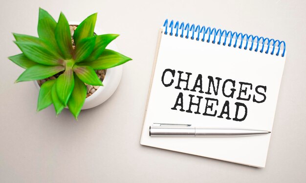 Changes Ahead steht in einem weißen Notizblock neben einer Zwischenablage, einem Taschenrechner, einer grünen Pflanze, einer Brille und einem Stift auf gelbem und konkretem Hintergrund. Geschäftskonzept. Flach liegen.