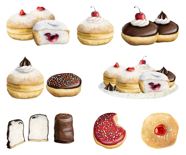 Chanukka-Desserts und Donuts mit Erdbeeren und Schokolade. Köstliche Sufganiyot-Illustrationen