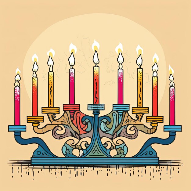 Chanukka-Menorah-Kerzenleuchter mit neun brennenden Kerzen. Fröhliches Chanukka-Grußkartendesign