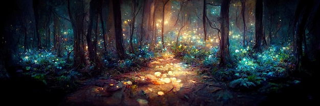 Chão de floresta de fantasia, árvores, natureza, verde, luz. Paisagem da floresta. Ilustração digital
