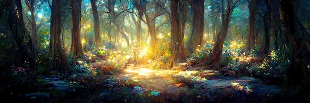 Chão de floresta de luz solar de fantasia, árvores, natureza, verde, luz. Paisagem da floresta. Ilustração digital