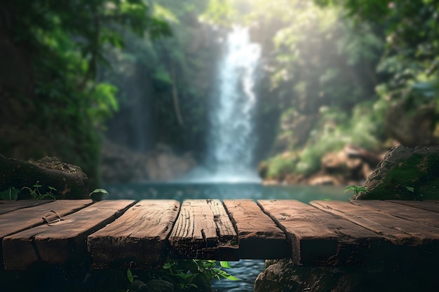 Chão de tábua de madeira vazia com fundo de cachoeira borrada Harmonia natural