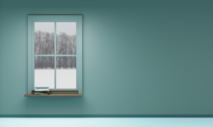 Foto chão e paredes com janelas uma sala onde a vista fora da janela é de inverno ilustração 3d