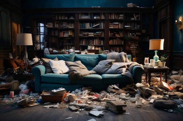 Chaos im Wohnzimmer Eine unordentliche und schmutzige Sofa-KI