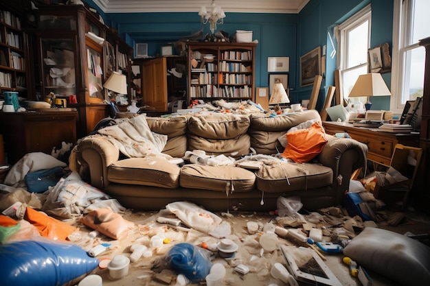 Chaos im Wohnzimmer Eine unordentliche und schmutzige Sofa-KI