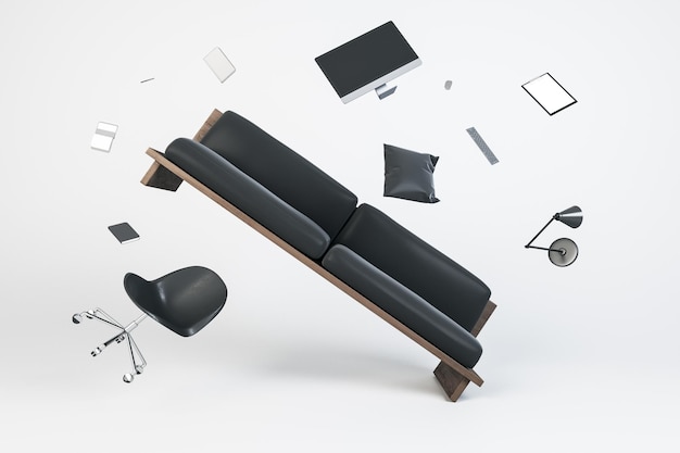 Chaos und Nullschwerkraft-Konzept mit fliegendem schwarzem Sofa, Bürosessel, Computer, Monitor, Lampe und Notebooks