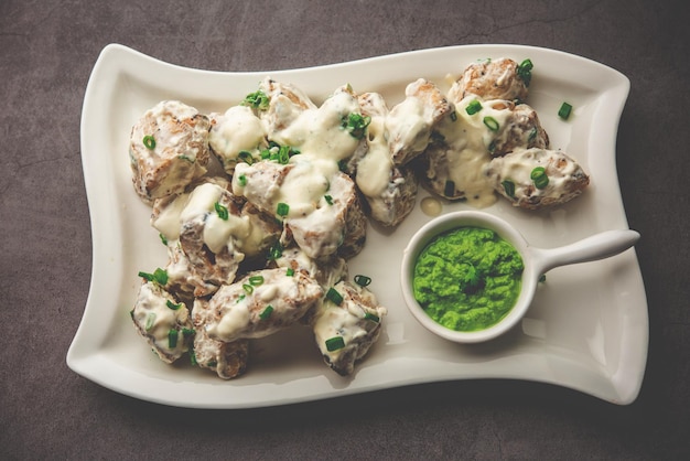 Chap vegetariano de soja malai elaborado con chaap de soja con salsa cremosa blanca