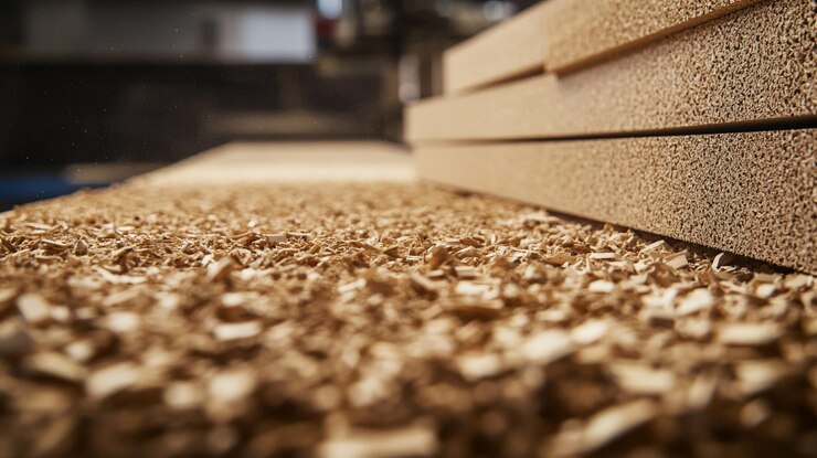 Chapas de madera esparcidas por el suelo del taller con tablas cortadas en el fondo