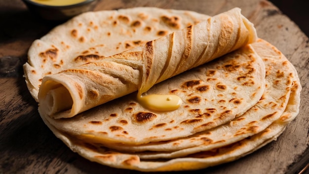 Chapati ou roti de pão plano indiano caseiro feito com manteiga, ghee, farinha e água