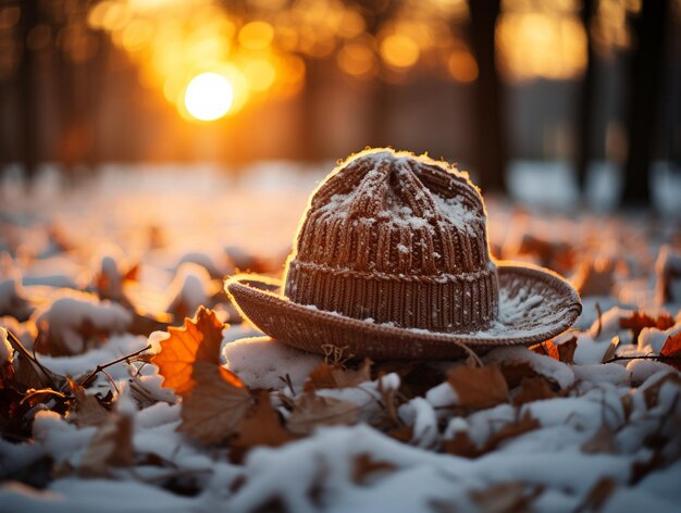 Foto chapéu araffe sentado em cima de uma pilha de folhas na neve generativa ai