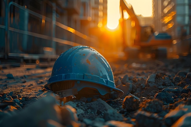 Chapéu azul de um trabalhador da construção descansando no chão em um canteiro de obras com luz solar laranja Concept Construction Hardhat Safety Sunlight Outdoors